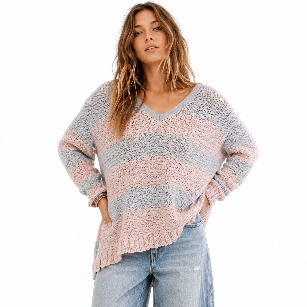 Free People Songbird Sweater V-Neck Striped Bouclé Knit Pink Gray Tunic Size M